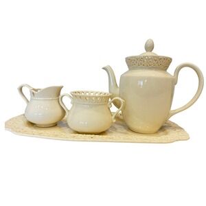 I Godinger & Co Ceramic Tea Set Reticulated Lattice Tray Teapot Creamer Sugar
